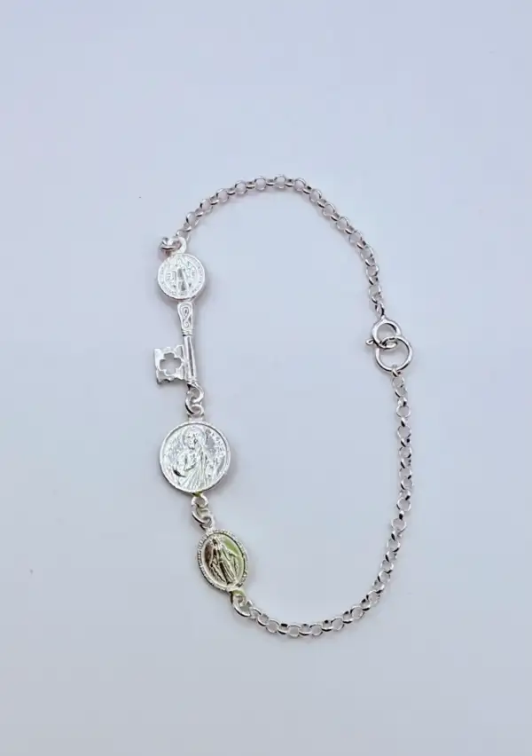 Pulsera Triple Proteccion LLave De San Benito, San Judas Tadeo Y La Milagrosa Plata De Ley