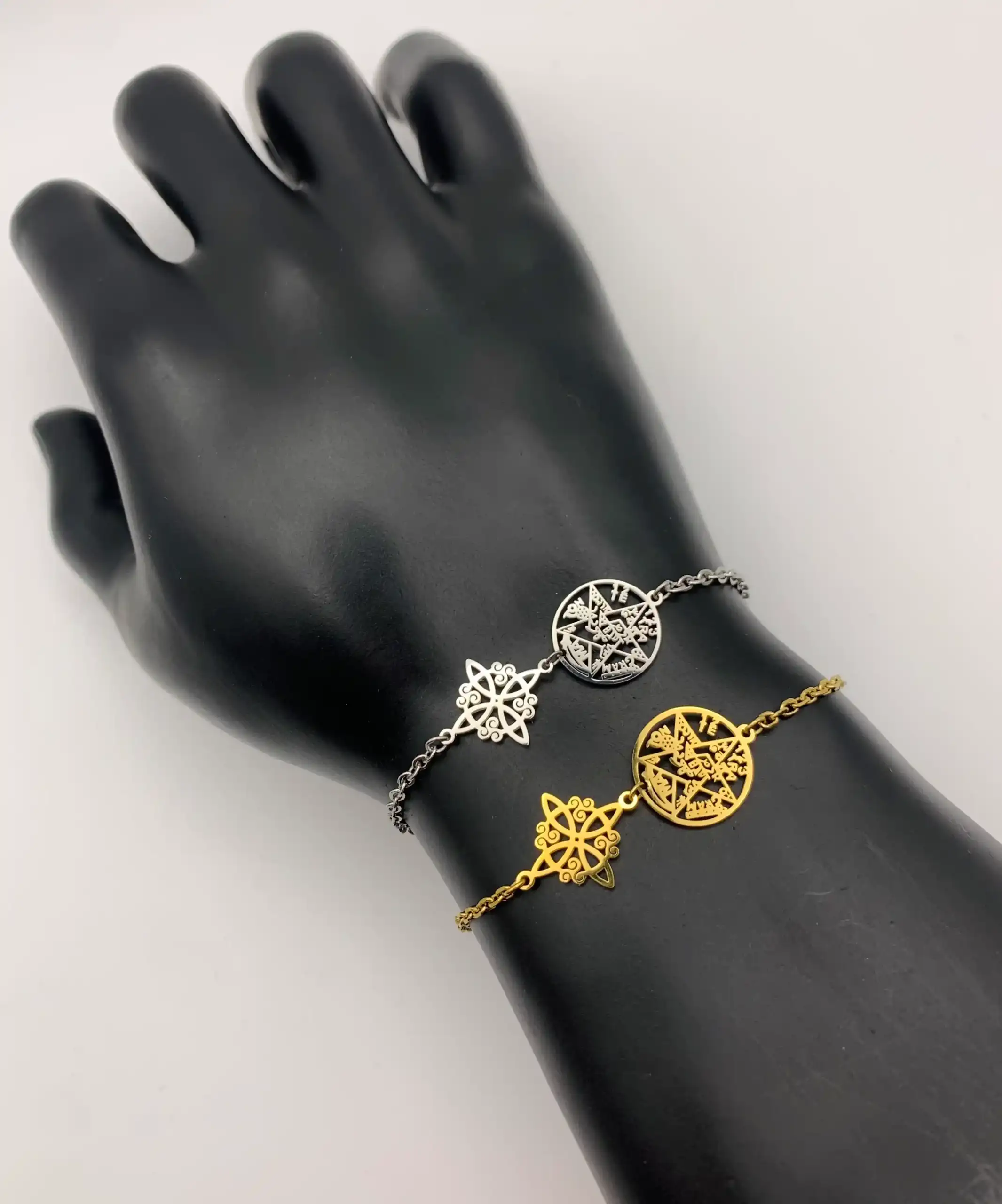 Pulsera De Acero Doble Protección Nudo De Bruja Y Tetragrámaton