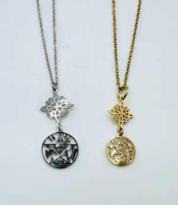 Colgante de Acero Doble Protección Nudo de Bruja y Tetragramatón