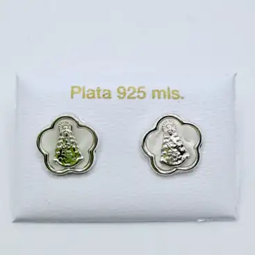 Pendientes Flor Nacar Virgen Del Rocio Plata De Ley
