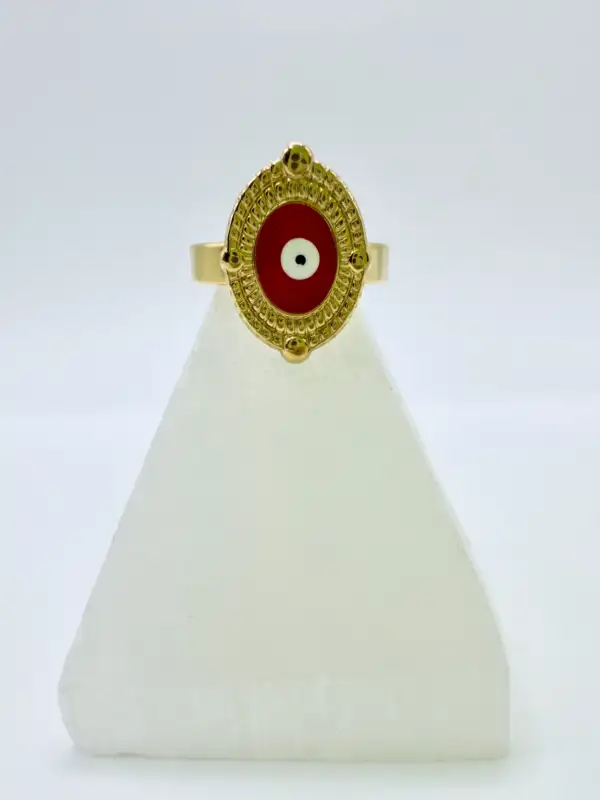 Anillo Ojo Turco Rojo Acero Dorado Talla 17