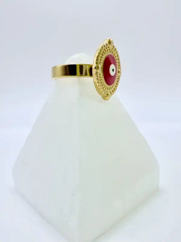 Anillo Ojo Turco Rojo Acero Dorado Talla 17 - Imagen 2