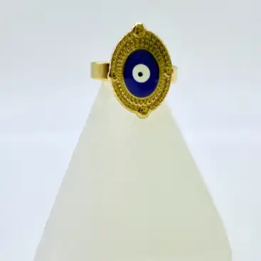 Anillo Ojo Turco Azul Acero Dorado Talla 18