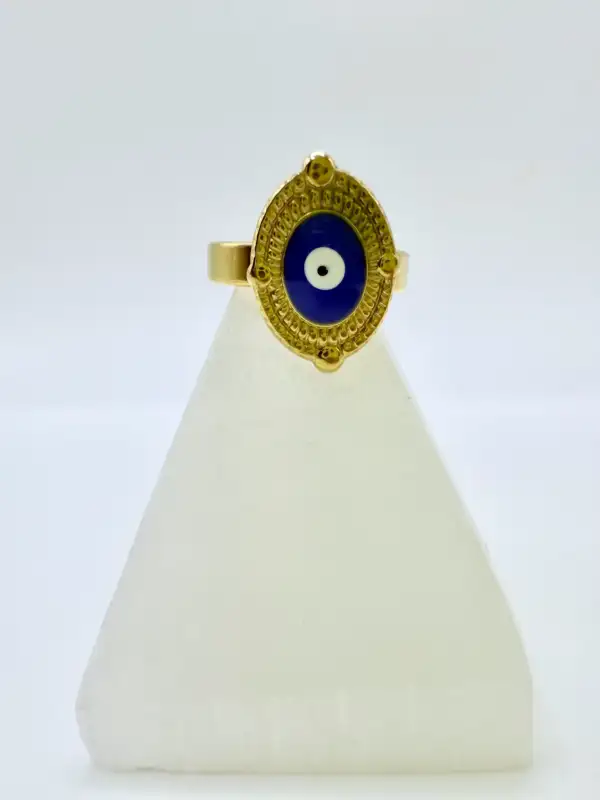 Anillo Ojo Turco Azul Acero Dorado Talla 17