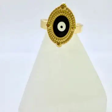 Anillo Ojo Turco Negro Acero Dorado Talla 19