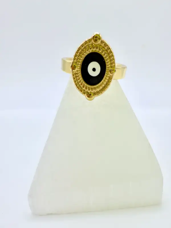 Anillo Ojo Turco Negro Acero Dorado Talla 20