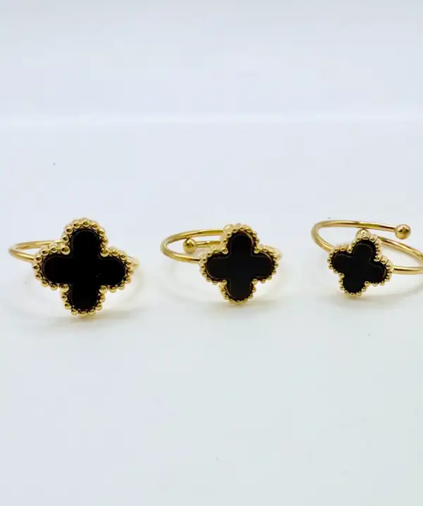 Anillo Flor Color Negro Acero Dorado Grande Regulable