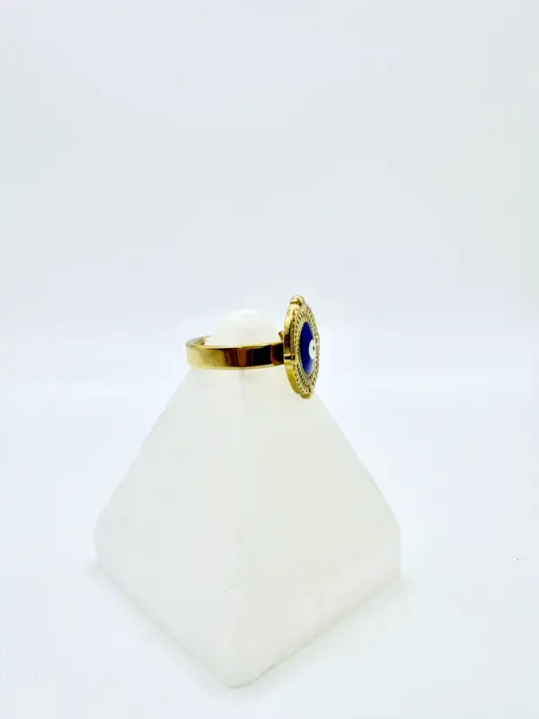 Anillo Ojo Turco Azul Acero Dorado Talla 17 - Imagen 2