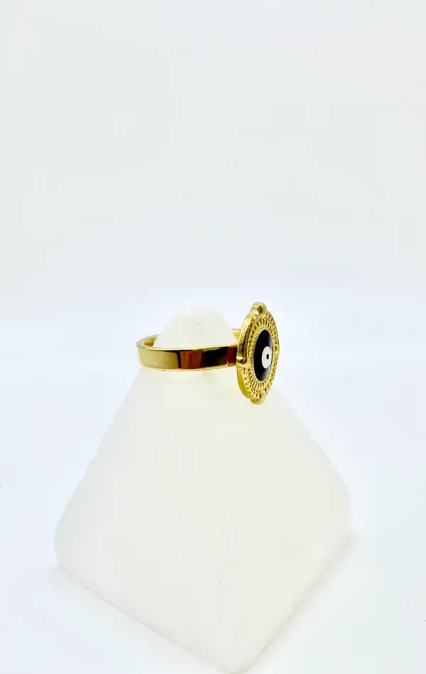 Anillo Ojo Turco Negro Acero Dorado Talla 20 - Imagen 2