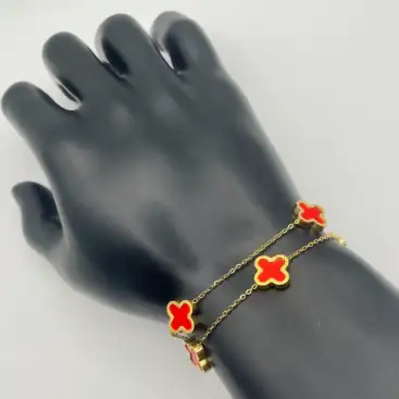 Pulsera Doble Flores Rojas Acero Dorado