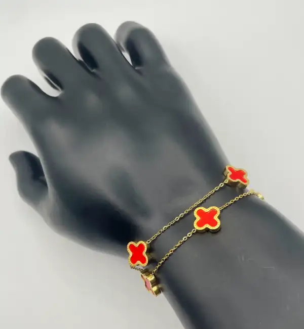 Pulsera Doble Flores Rojas Acero Dorado