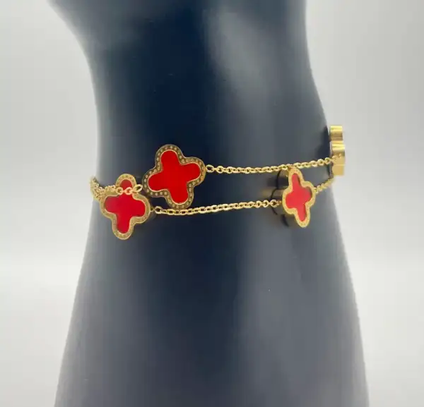 Pulsera Doble Flores Rojas Acero Dorado - Imagen 2