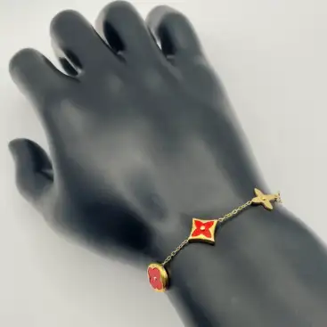 Pulsera Flores Rojas Variadas Acero Dorado