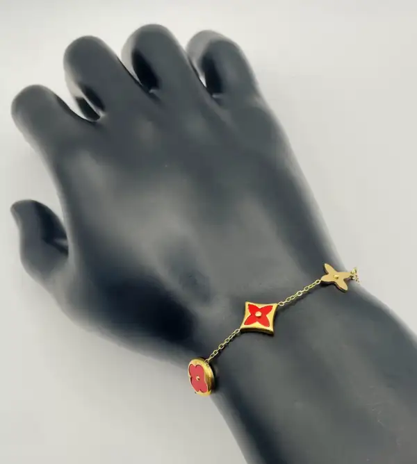 Pulsera Flores Rojas Variadas Acero Dorado