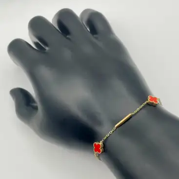 Pulsera Flor Roja Y Bolas Acero Dorado