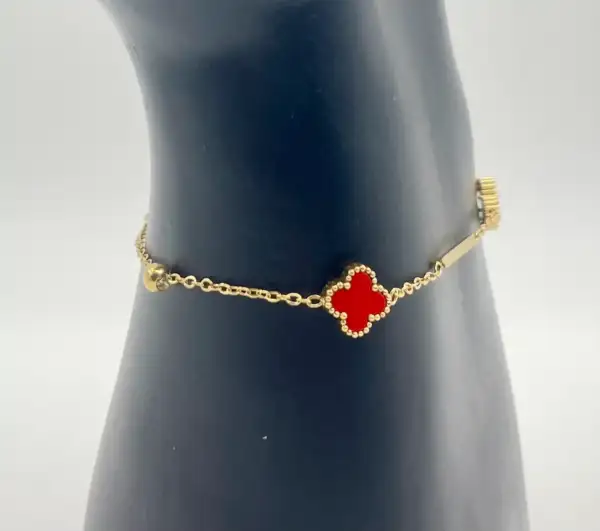 Pulsera Flor Roja Y Bolas Acero Dorado - Imagen 2