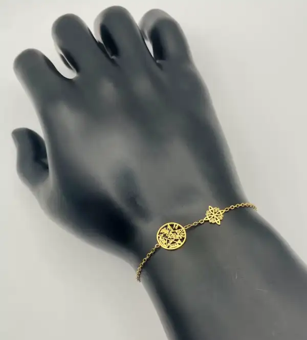 Pulsera Doble Proteccion Nudo De Bruja Y Tetragramaton Acero Dorado