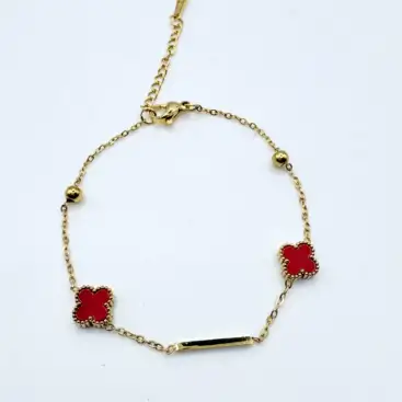 Pulsera Flor Roja Y Bolas Acero Dorado