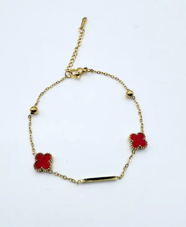 Pulsera Flor Roja Y Bolas Acero Dorado