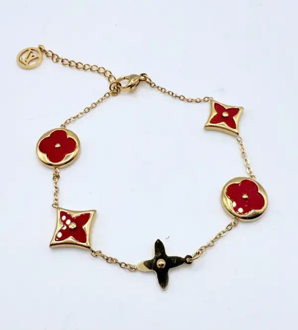Pulsera Flores Rojas Variadas Acero Dorado