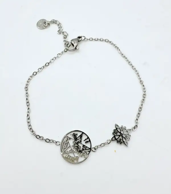 Pulsera Doble Proteccion Nudo De Bruja Y Tetragramaton Acero Plateado