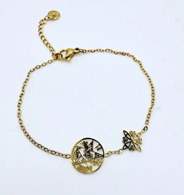 Pulsera Doble Proteccion Nudo De Bruja Y Tetragramaton Acero Dorado