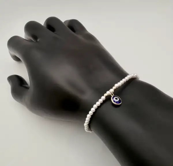 Pulsera De Perlas Ojo Turco Azul Plata de Ley