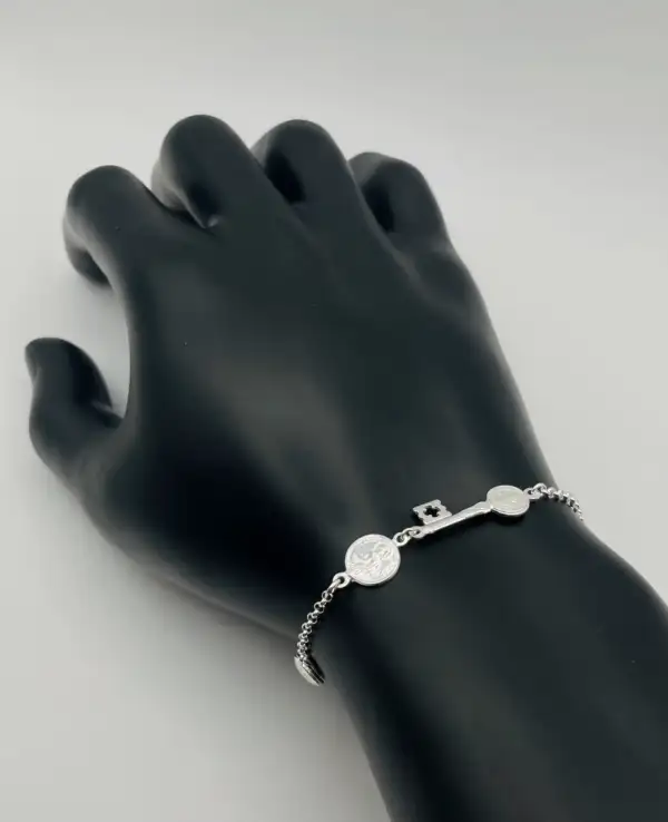 Pulsera San Judas Tadeo, Llave De San Benito Y Ojo Turco Plata De Ley