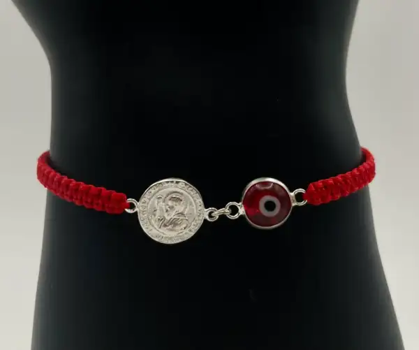 Pulsera Macrame Roja Con San Benito Y Ojo Turco Plata De Ley - Imagen 2