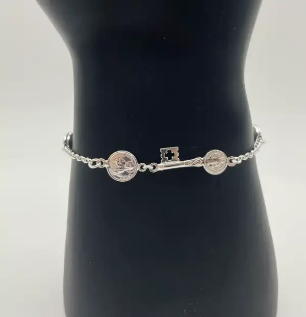 Pulsera San Judas Tadeo, Llave De San Benito Y Ojo Turco Plata De Ley - Imagen 2