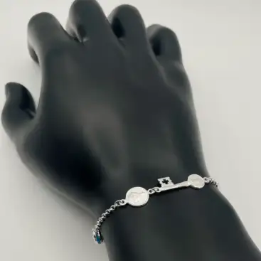Pulsera San Judas Tadeo, Llave De San Benito Y Ojo Turco Espiral Plata De Ley