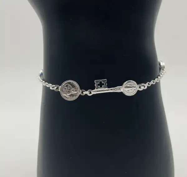 Pulsera San Judas Tadeo, Llave De San Benito Y Ojo Turco Espiral Plata De Ley - Imagen 2