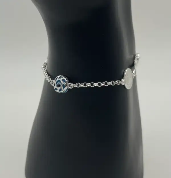 Pulsera San Judas Tadeo, Llave De San Benito Y Ojo Turco Espiral Plata De Ley - Imagen 3