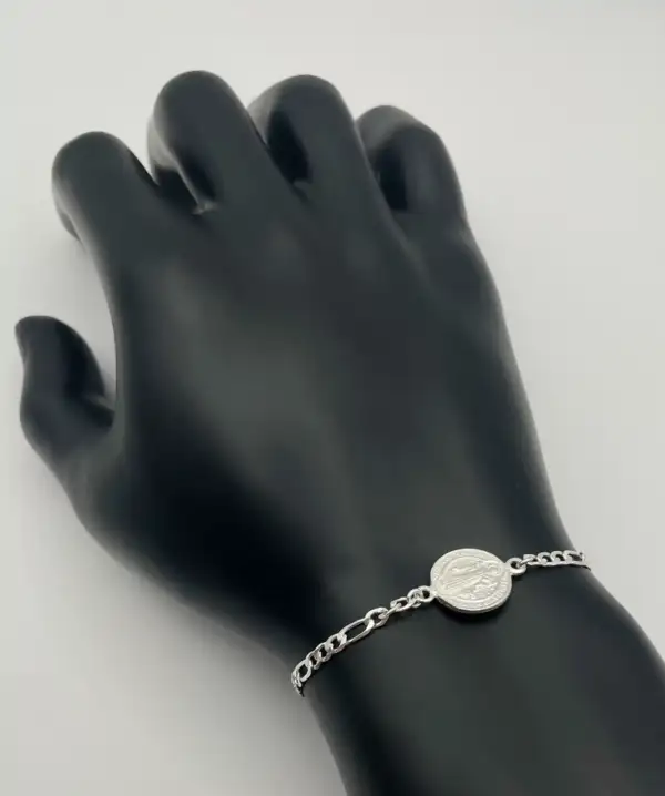 Pulsera Medalla San Benito Cadena Eslabones Plata De Ley