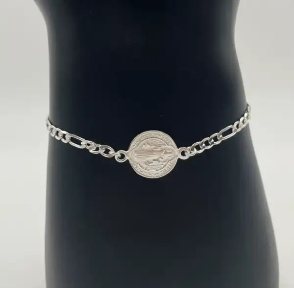 Pulsera Medalla San Benito Cadena Eslabones Plata De Ley - Imagen 2