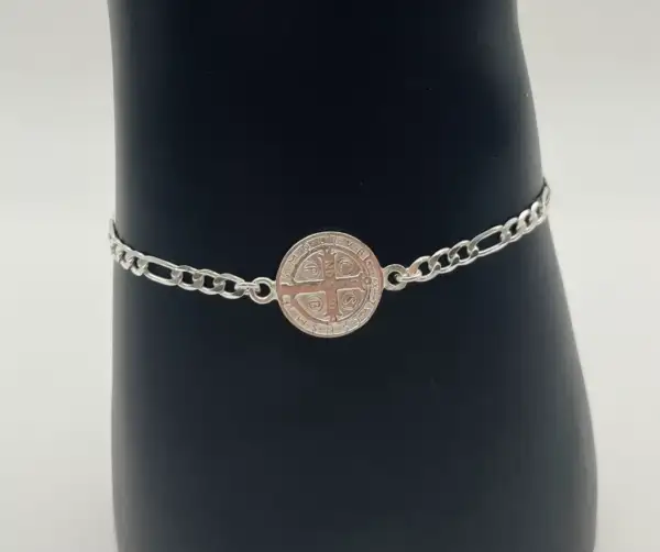Pulsera Medalla San Benito Cadena Eslabones Plata De Ley - Imagen 3
