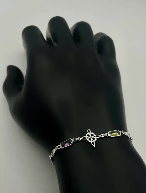 Pulsera Multi Minerales Facetados Rectangular Con Nudo De Bruja Plata De Ley