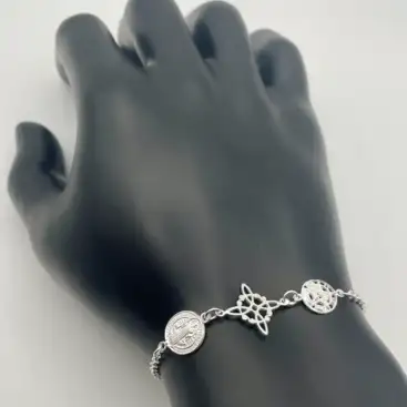 Pulsera Triple Proteccion San Benito, Nudo De Bruja Y Tetragramaton Plata De Ley