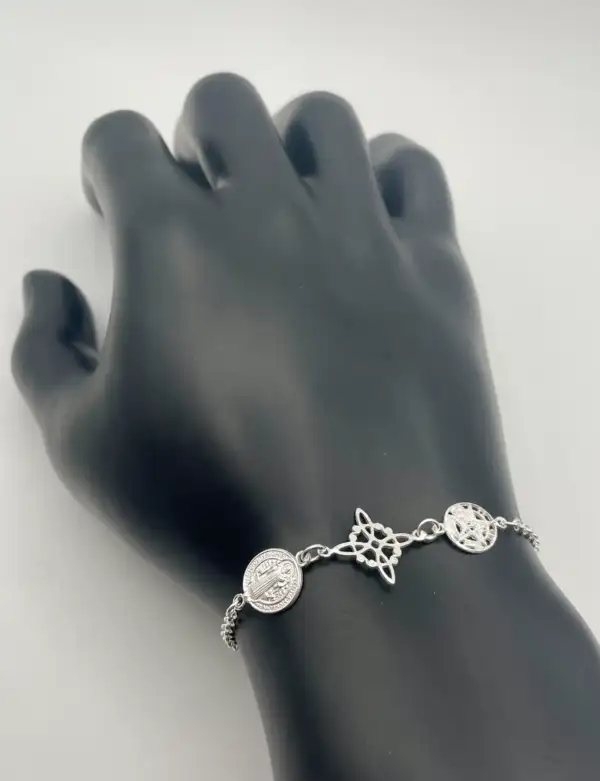 Pulsera Triple Proteccion San Benito, Nudo De Bruja Y Tetragramaton Plata De Ley