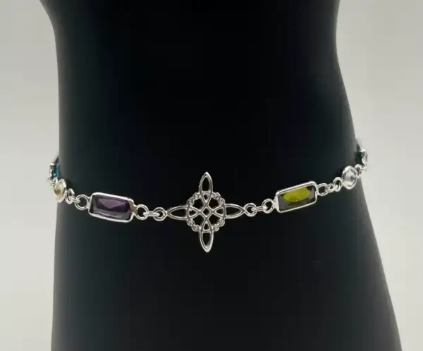 Pulsera Multi Minerales Facetados Rectangular Con Nudo De Bruja Plata De Ley - Imagen 2