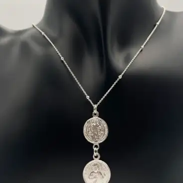 Colgante Doble Proteccion San Benito Y San Judas Tadeo Plata De Ley