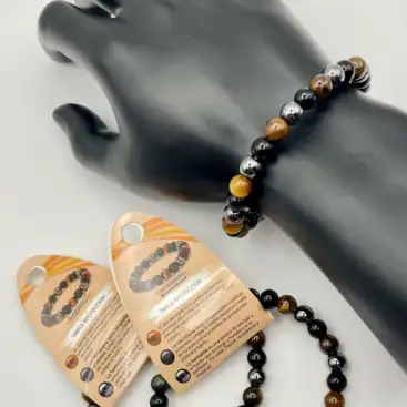 Pulsera Triple Proteccion 8mm Para Hombre Obsidiana