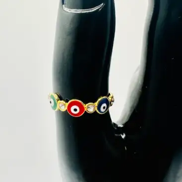 Anillo Ojos Turcos Rojo Azul Verde Con Brillos Acero