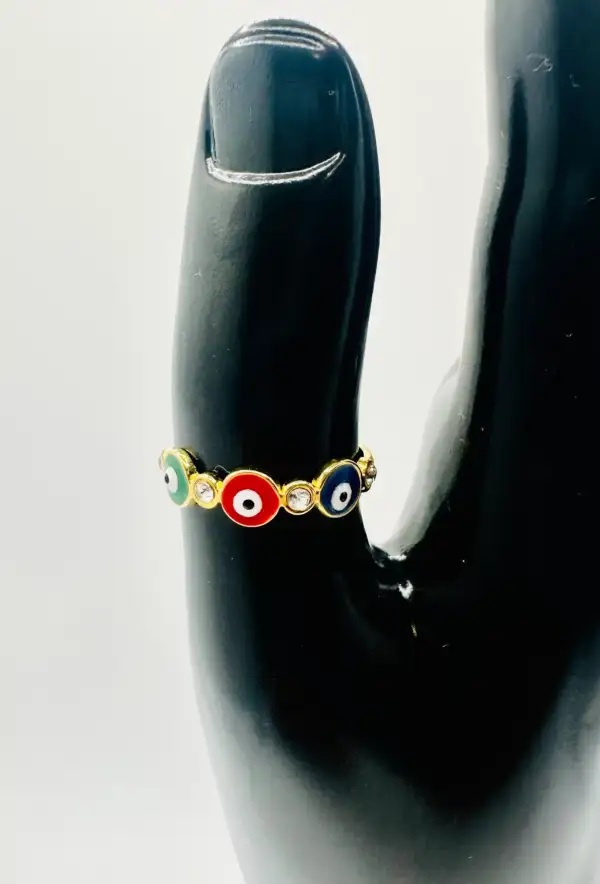 Anillo Ojos Turcos Rojo Azul Verde Con Brillos Acero