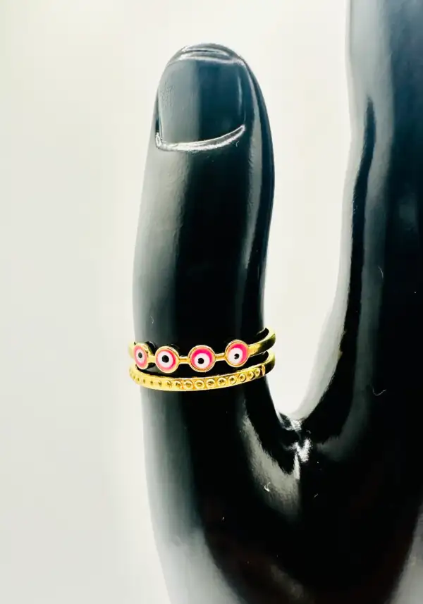 Anillo Ojos Turcos Rosa Y Dorado Acero
