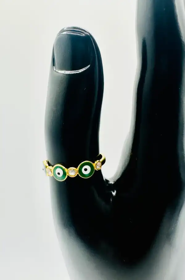Anillo Ojos Turcos Verdes Con Brillos Acero