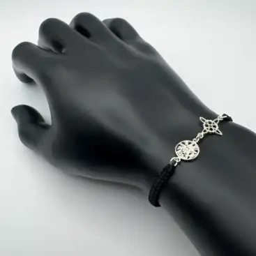 Pulsera Macrame Negra Doble Proteccion Nudo De Bruja Y Tetragramaton Plata De Ley