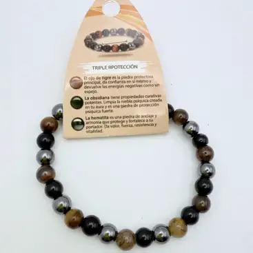 Pulsera Triple Proteccion 8mm Para Hombre Obsidiana