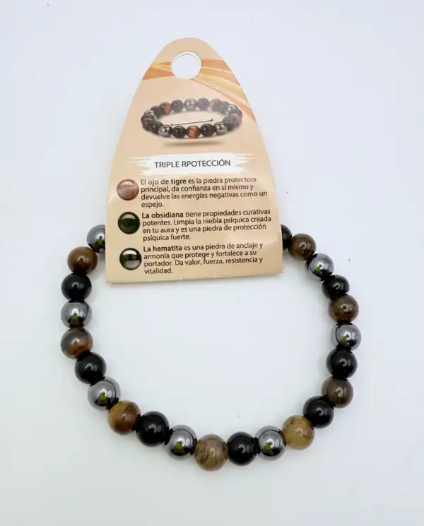 Pulsera Triple Proteccion 8mm Para Hombre Obsidiana