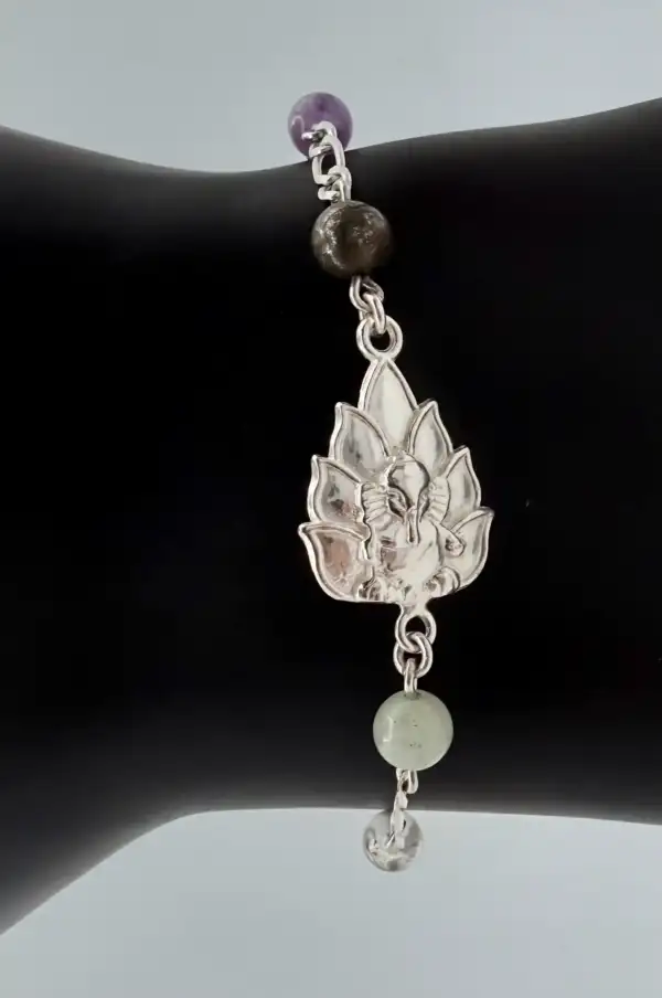 Pulsera Ganesh, Flor De Loto Y Minerales Plata De Ley - Imagen 2